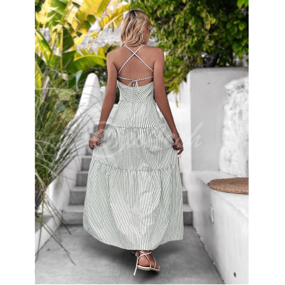 Striped Boho Maxi Button Front White Dress - Picture 2 of 8